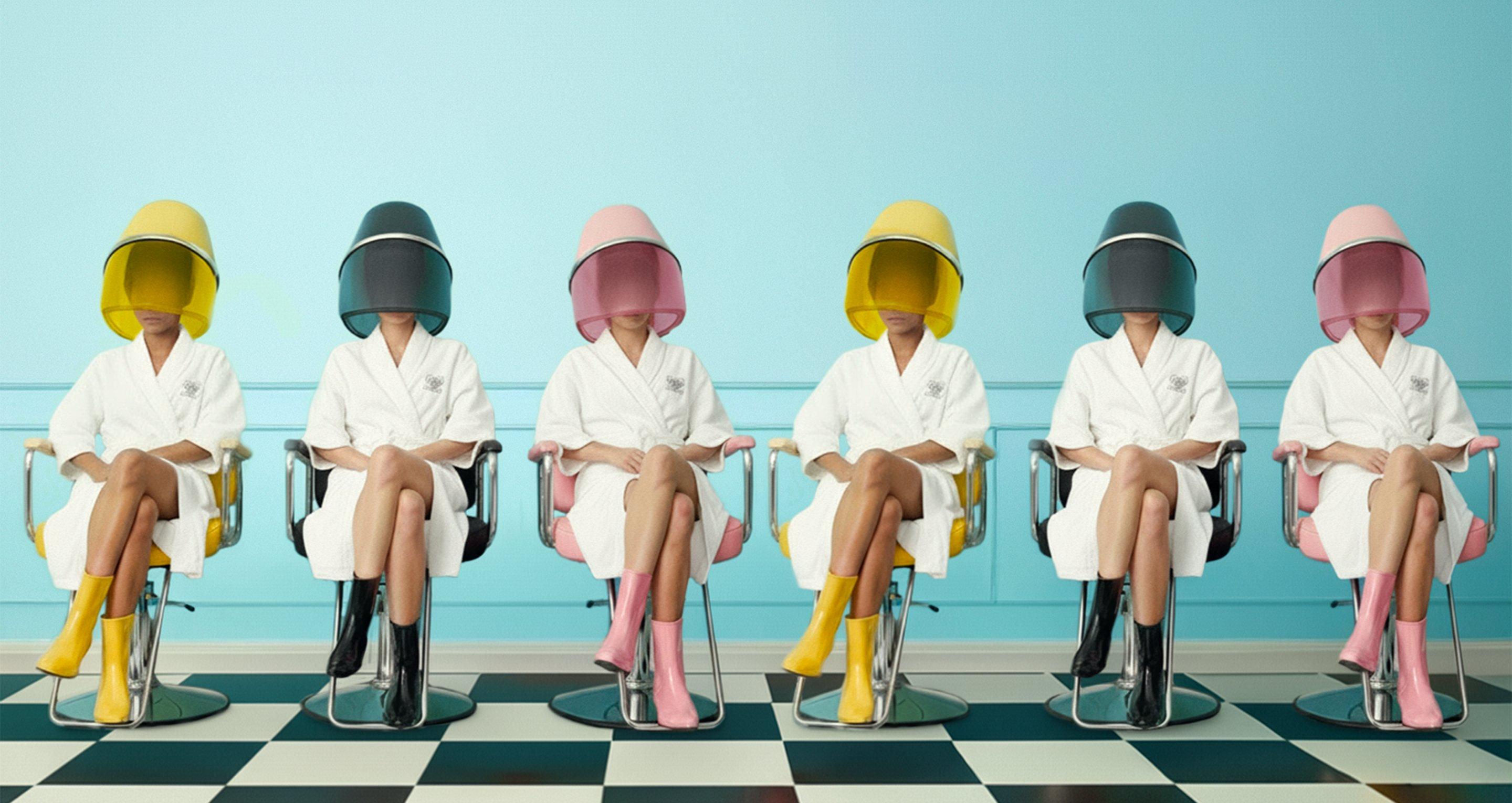 The models are wearing the Love Boots in Yellow, Love Boots in Pink, Love Boots in Black.